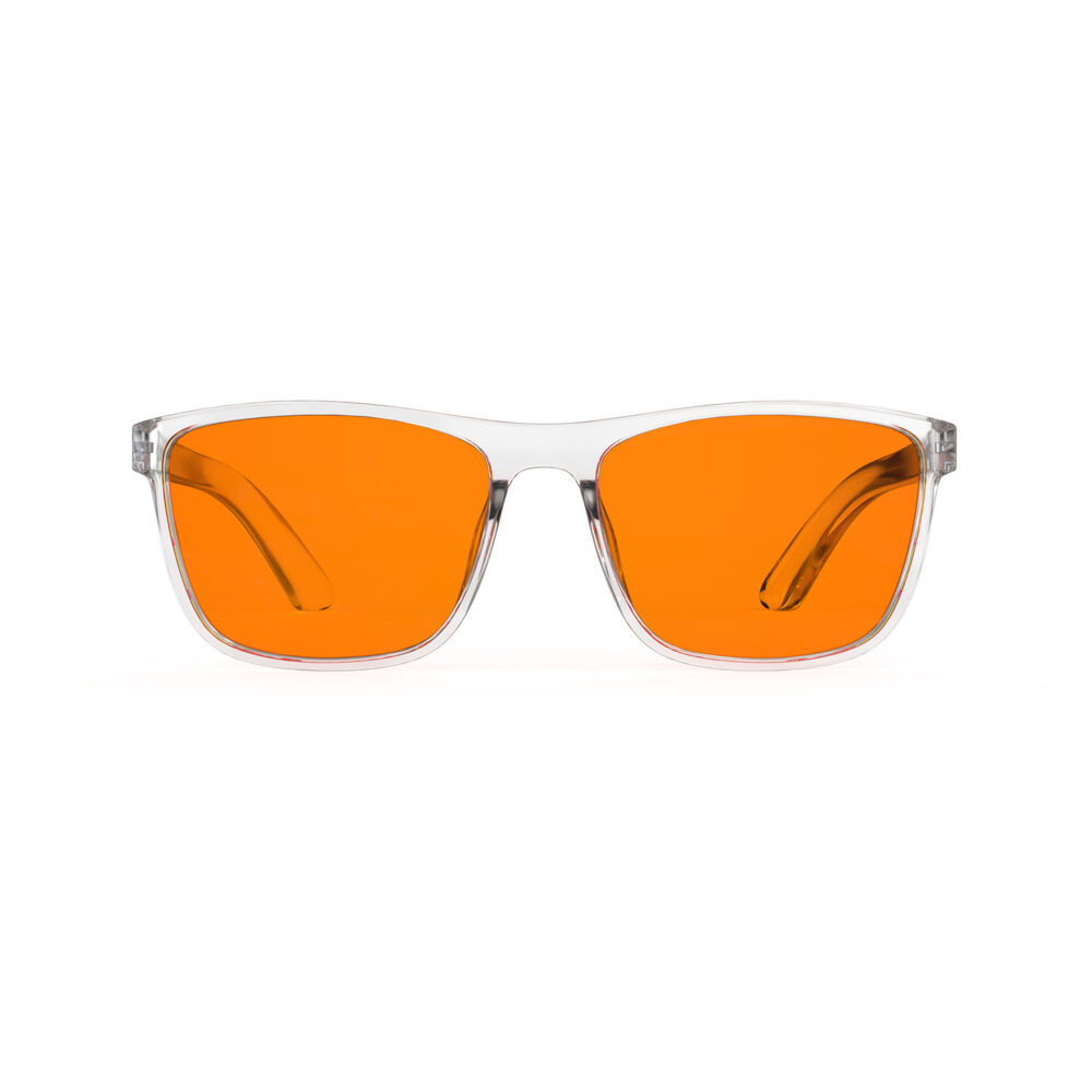 A Front view of Gloojo Night Ease Orange Lens Wayfarer Sleep Glasses-Clear-Pro A Front view of Gloojo Night Ease Orange Lens Wayfarer Sleep Glasses-Clear-Pro