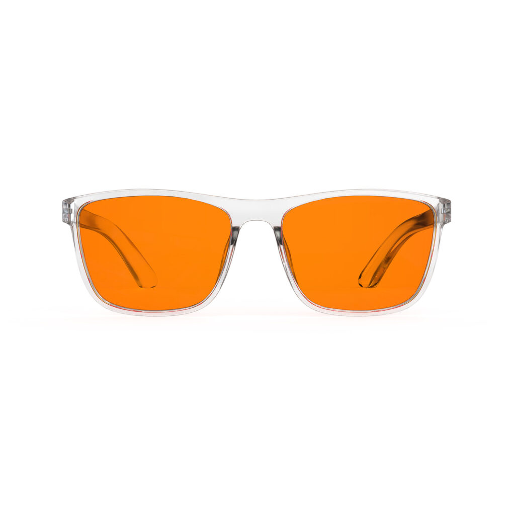 A Front view of Gloojo Night Ease Orange Lens Wayfarer Sleep Glasses-Clear-Pro