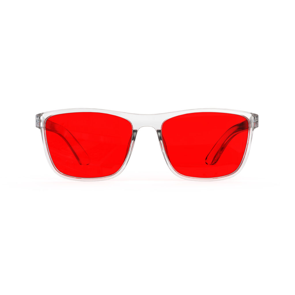 A Front view of Gloojo Night Ease Wayfarer Red Lens Glasses for sleep-Clear-Pro