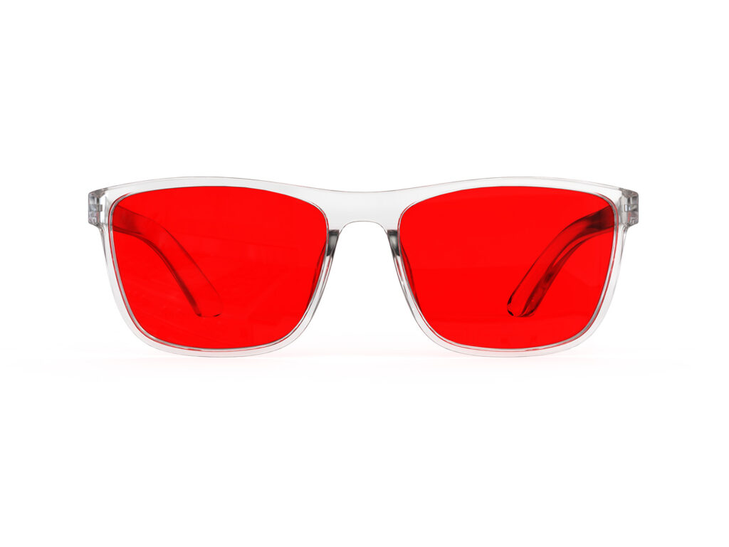 A Front view of Gloojo Night Ease Wayfarer Red Lens Glasses for sleep-Clear-Pro