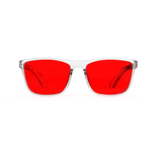 A Front view of Gloojo Night Ease Wayfarer Red Lens Glasses for sleep-Clear-Pro