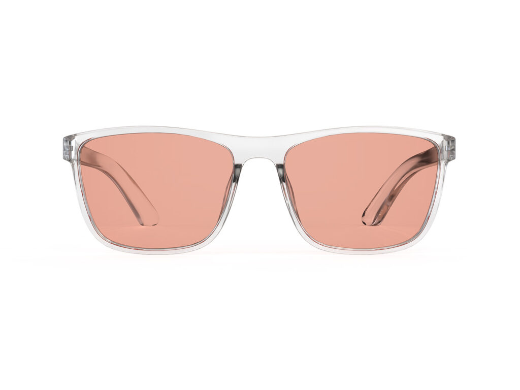 A Front view of Gloojo Rose Relief Rose Lens wayfarer Migraine Glasses – CLear-Pro
