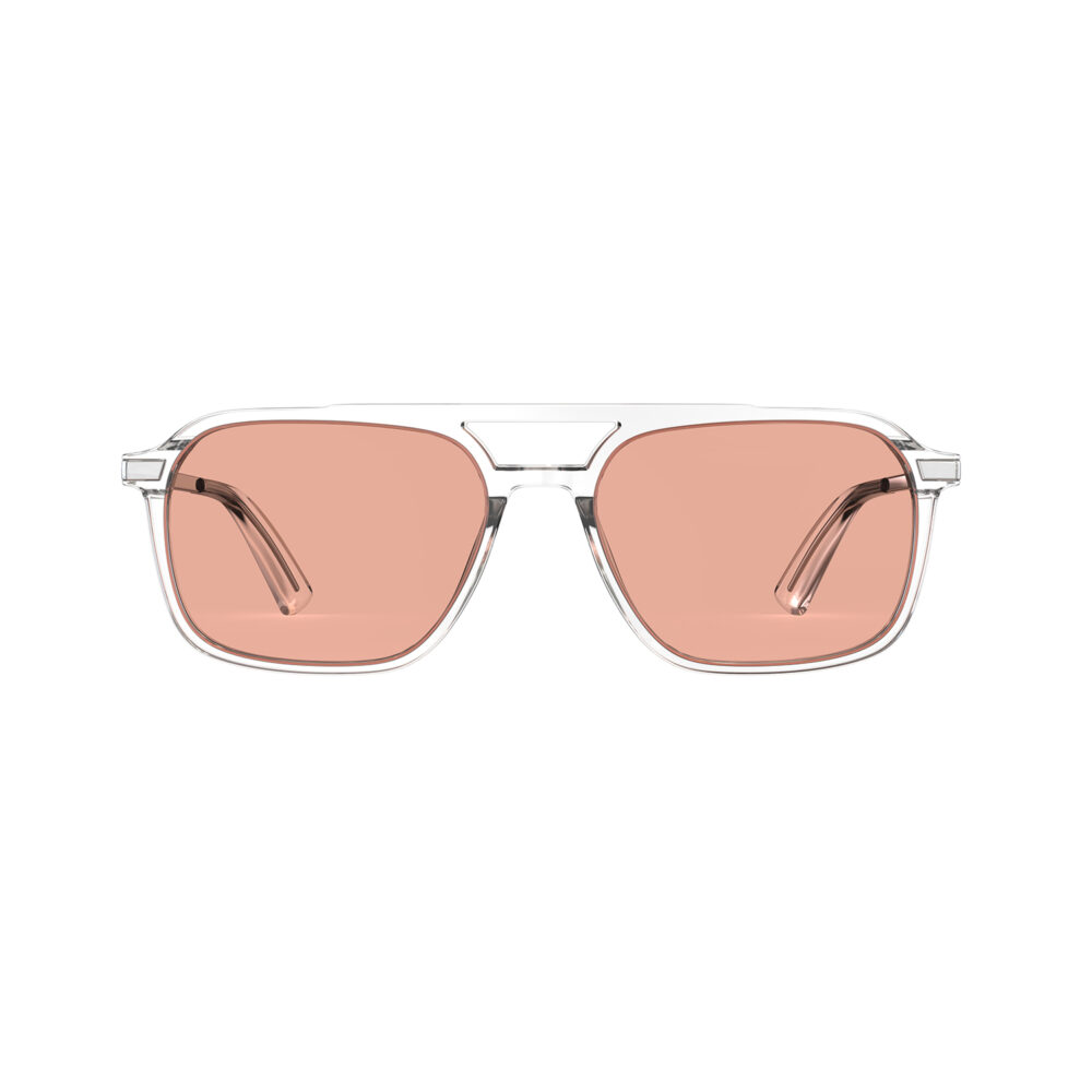 A Front view of Gloojo Rose Relief™ Oval Aviator Pink Migraine Glasses - Clear Silver