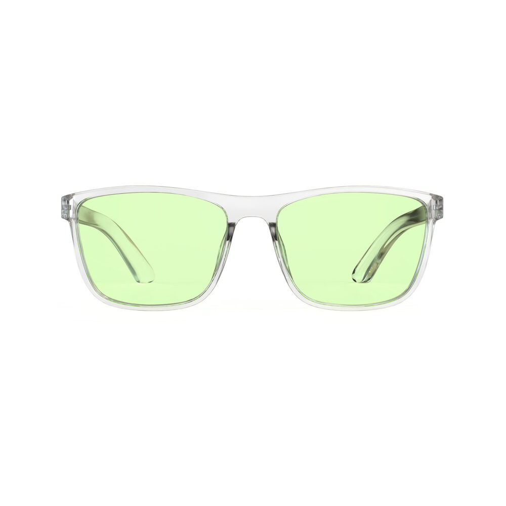 A Front view of Gloojo Sun Boost Wayfarer Green Lens Screen Glasses – Clear-Pro