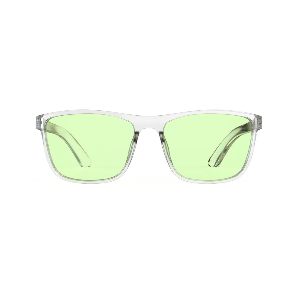 A Front view of Gloojo Sun Boost Wayfarer Green Lens Screen Glasses – Clear-Pro