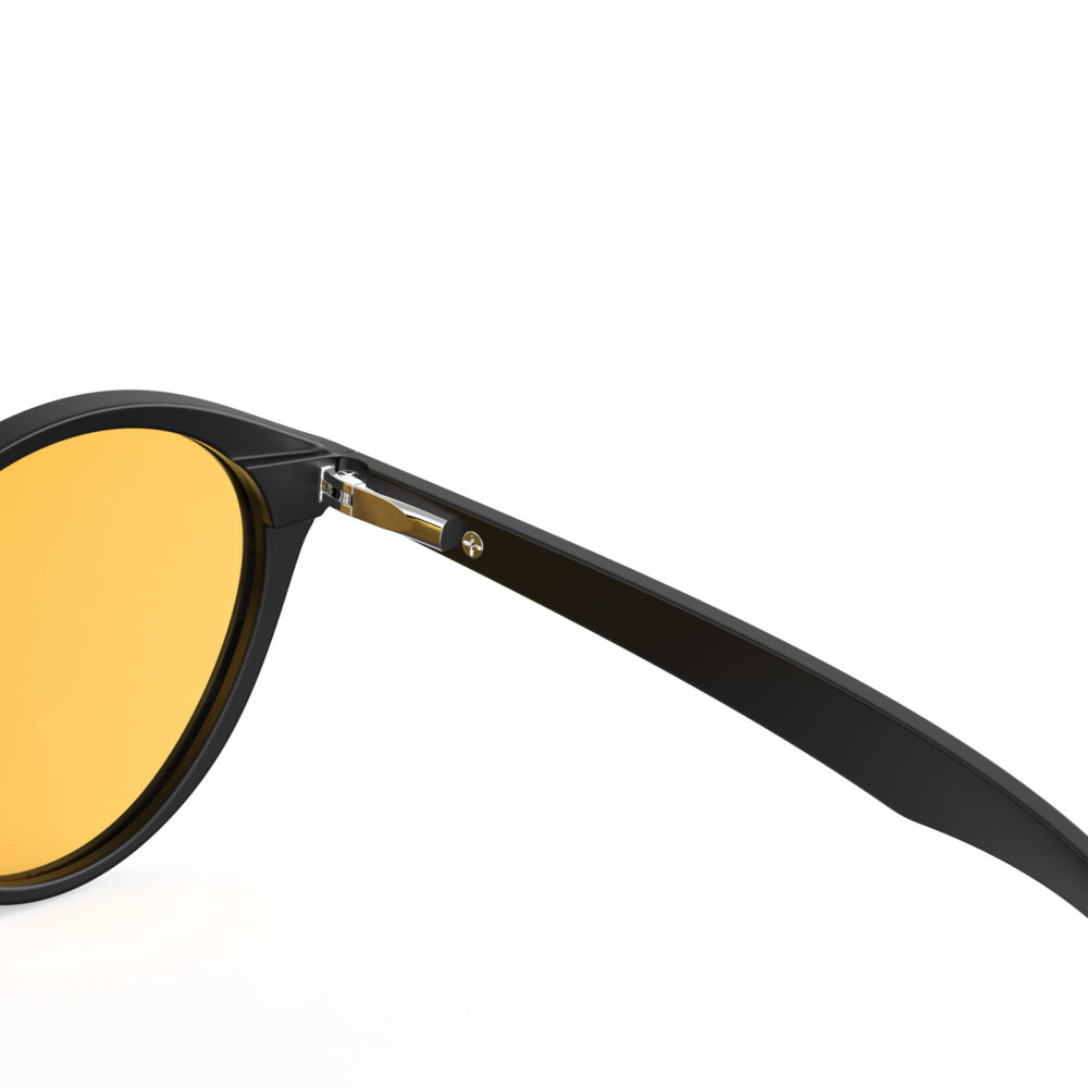 A Hinge closeup of Gloojo Amber Shield Amber Lens Round Light Sensitivity Glasses – Black-1