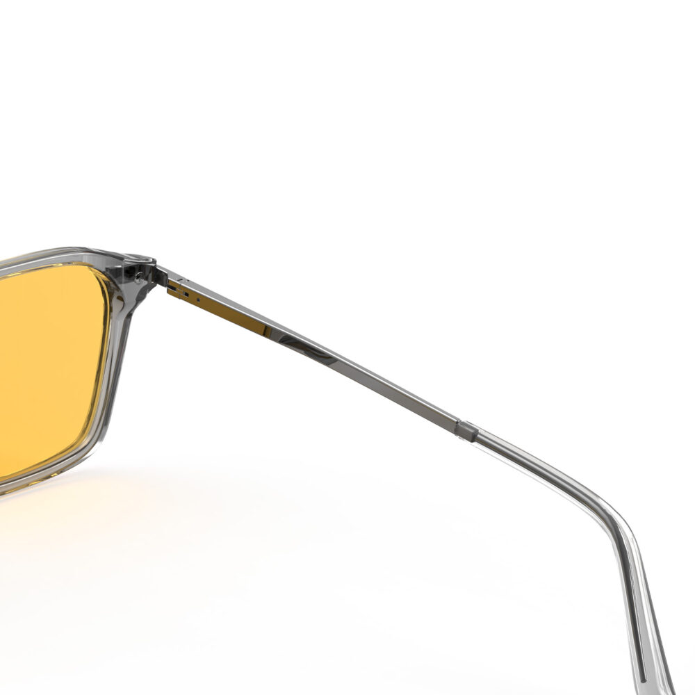 A Hinge closeup of Gloojo Amber Shield Amber Lens Square Aviator Light Sensitivity Glasses – Grey Gunmetal-1