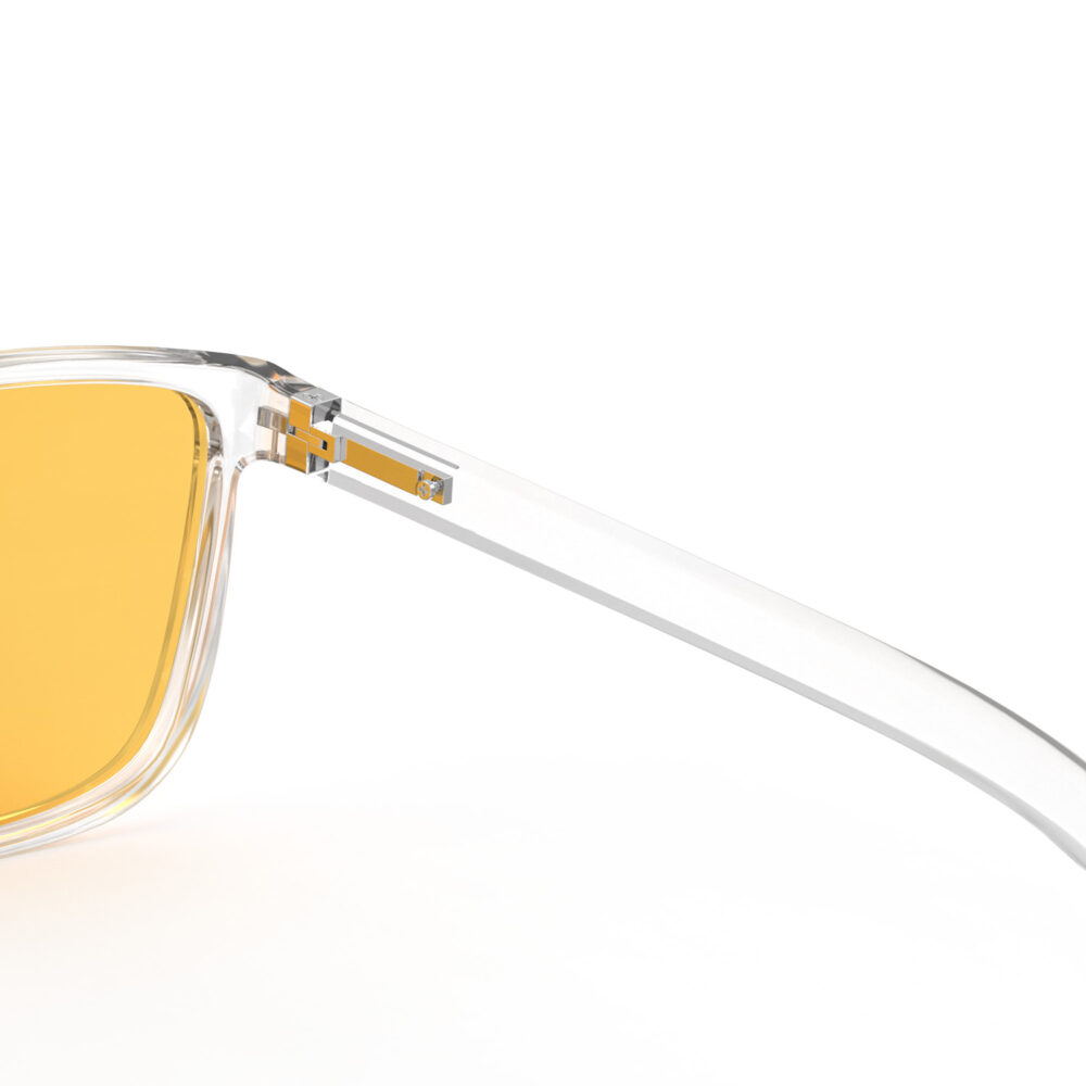 A Hinge closeup of Gloojo Amber Shield Amber Lens wayfarer Light Sensitivity Glasses – Clear-1