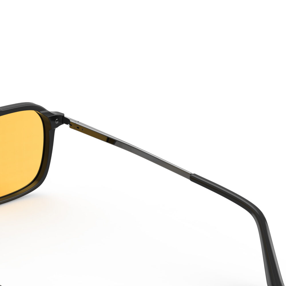 A Hinge closeup of Gloojo Amber Shield Oval Aviator Light Sensitivity Glasses - Black-1