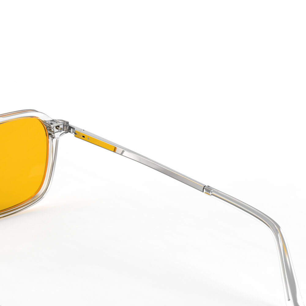 A Hinge closeup of Gloojo Amber Shield Oval Aviator Light Sensitivity Glasses - Clear