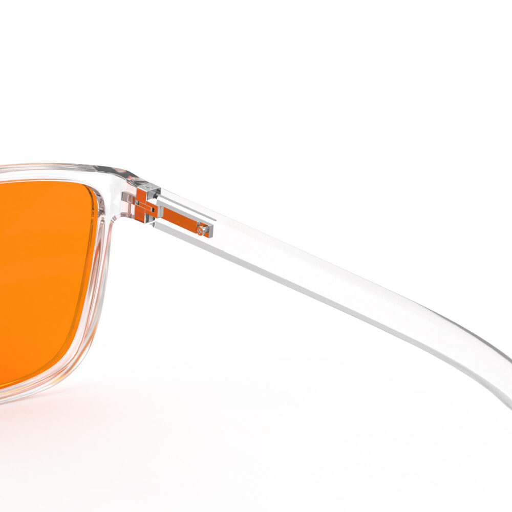 A Hinge closeup of Gloojo Night Ease Orange Lens Wayfarer Sleep Glasses-Clear-Pro A Hinge closeup of Gloojo Night Ease Orange Lens Wayfarer Sleep Glasses-Clear-Pro