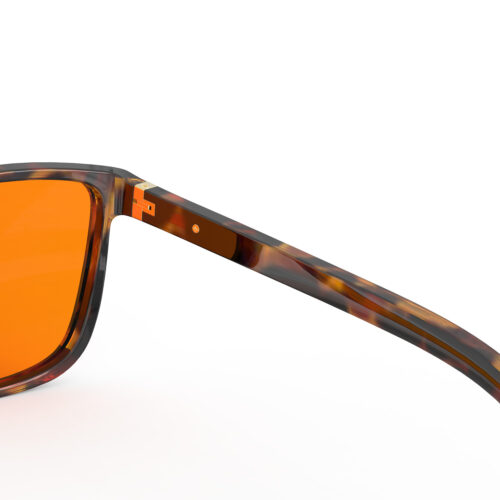 A Hinge closeup of Gloojo Night Ease Orange Lens wayfarer Sleep Glasses-Tortoiseshell-Pro A Hinge closeup of Gloojo Night Ease Orange Lens wayfarer Sleep Glasses-Tortoiseshell-Pro