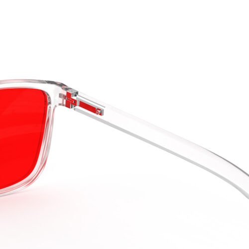 A Hinge closeup of Gloojo Night Ease Wayfarer Red Lens Glasses for sleep-Clear-Pro