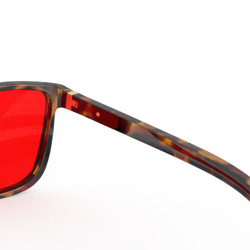 A Hinge closeup of Gloojo Night Ease Wayfarer Red Lens Glasses for sleep-Tortoiseshell-Pro
