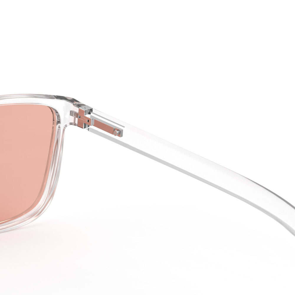 A Hinge closeup of Gloojo Rose Relief Rose Lens wayfarer Migraine Glasses – CLear-Pro
