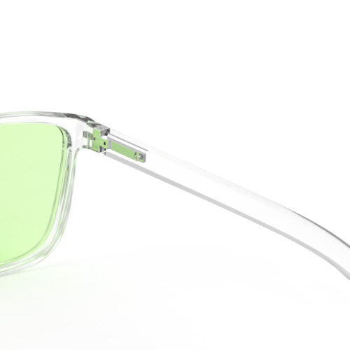 A Hinge closeup of Gloojo Sun Boost Wayfarer Green Lens Screen Glasses – Clear-Pro