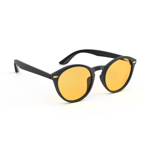A Right side view of Gloojo Amber Shield Amber Lens Round Light Sensitivity Glasses – Black-1