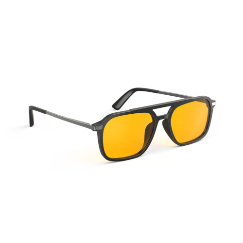 A Right side view of Gloojo Amber Shield Oval Aviator Light Sensitivity Glasses - Black