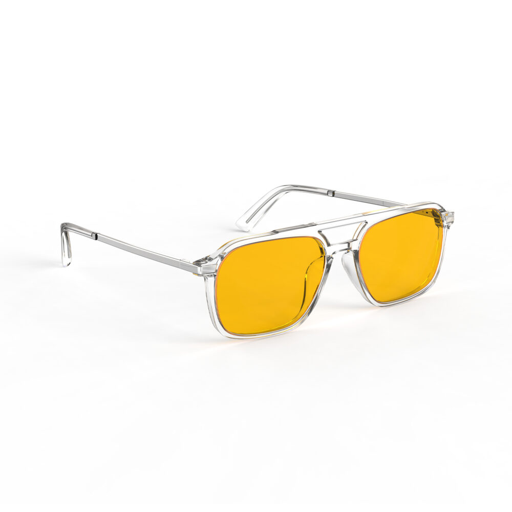 A Right side view of Gloojo Amber Shield Oval Aviator Light Sensitivity Glasses - Clear