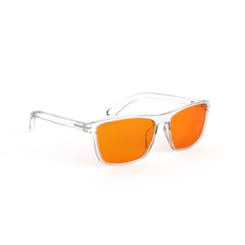 A Right side view of Gloojo Night Ease Orange Lens Wayfarer Sleep Glasses-Clear-Pro A Right side view of Gloojo Night Ease Orange Lens Wayfarer Sleep Glasses-Clear-Pro