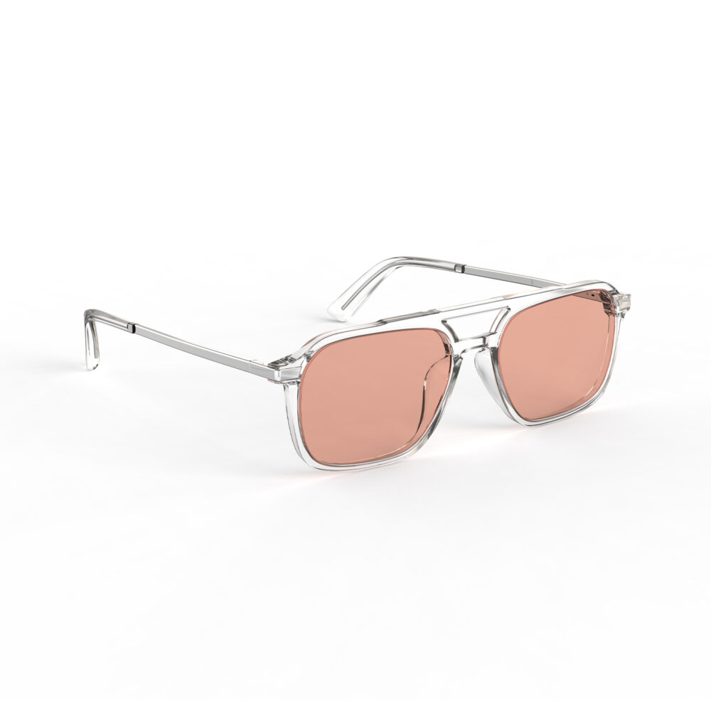 A Right side view of Gloojo Rose Relief™ Oval Aviator Pink Migraine Glasses - Clear Silver