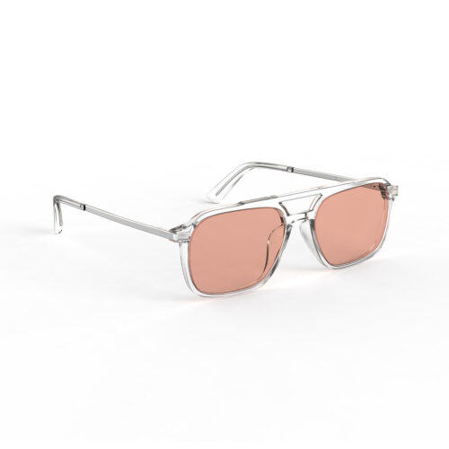 A Right side view of Gloojo Rose Relief™ Oval Aviator Pink Migraine Glasses - Clear Silver