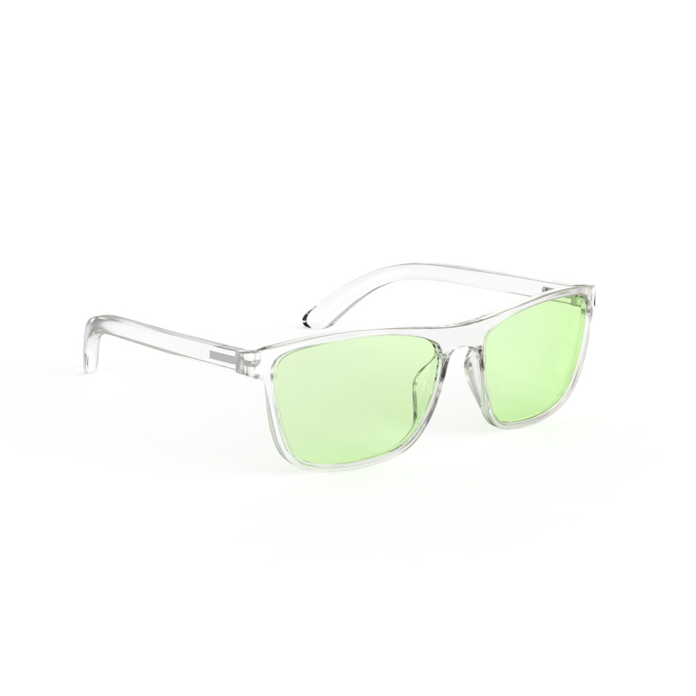 A Right side view of Gloojo Sun Boost Wayfarer Green Lens Screen Glasses – Clear-Pro