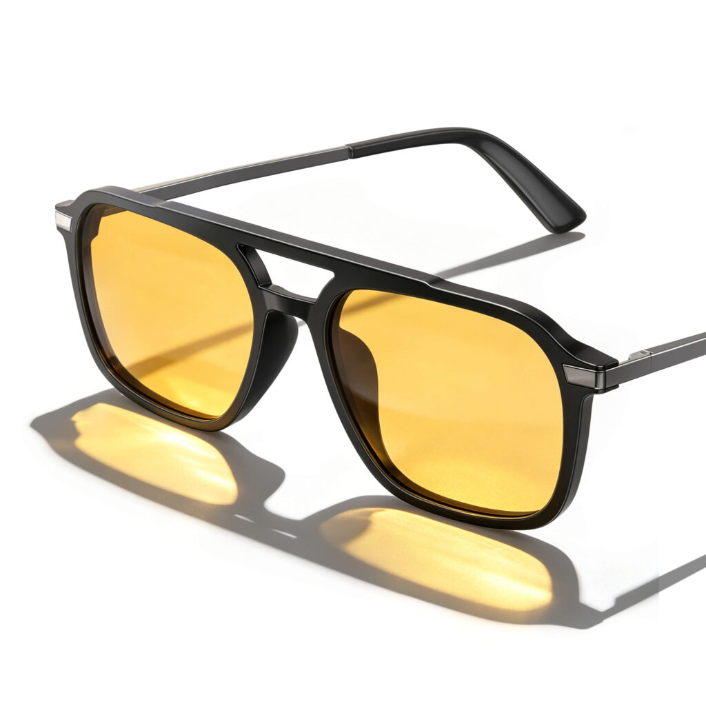 Gloojo Daytime Focus Glasses featuring amber tinted lenses and a tactical aviator-style black frame