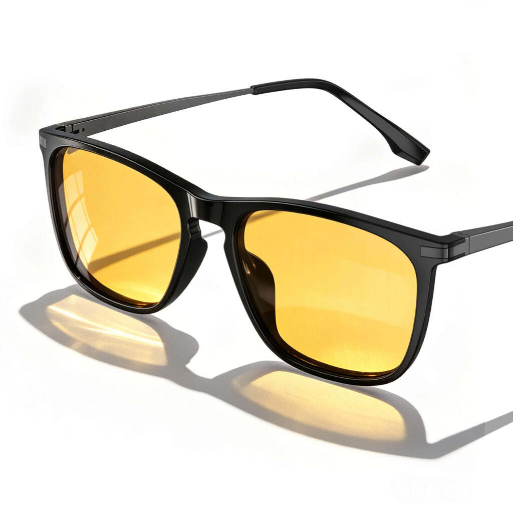 Gloojo Daytime Focus Glasses with amber lenses and a lightweight square black frame