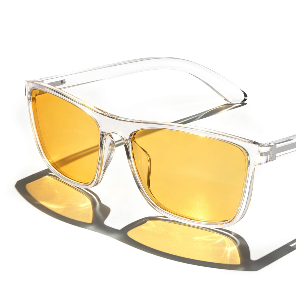 Gloojo Daytime Focus Glasses with light amber lenses and a clear transparent square frame