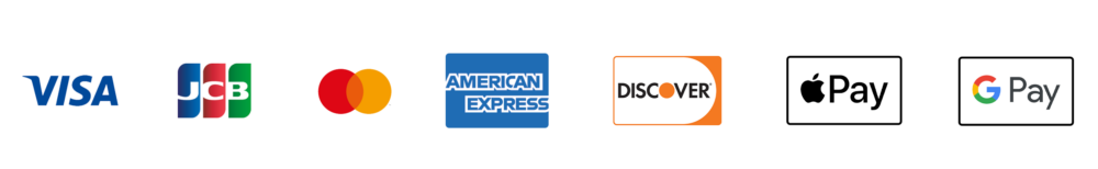 Visa, JCB, Mastercard, American Express, Discover, Apple Pay and Google Pay