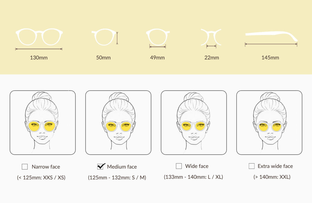 glasses-size-chart-of-158c-Sun Boost Round Yellow Screen Glasses – Clear
