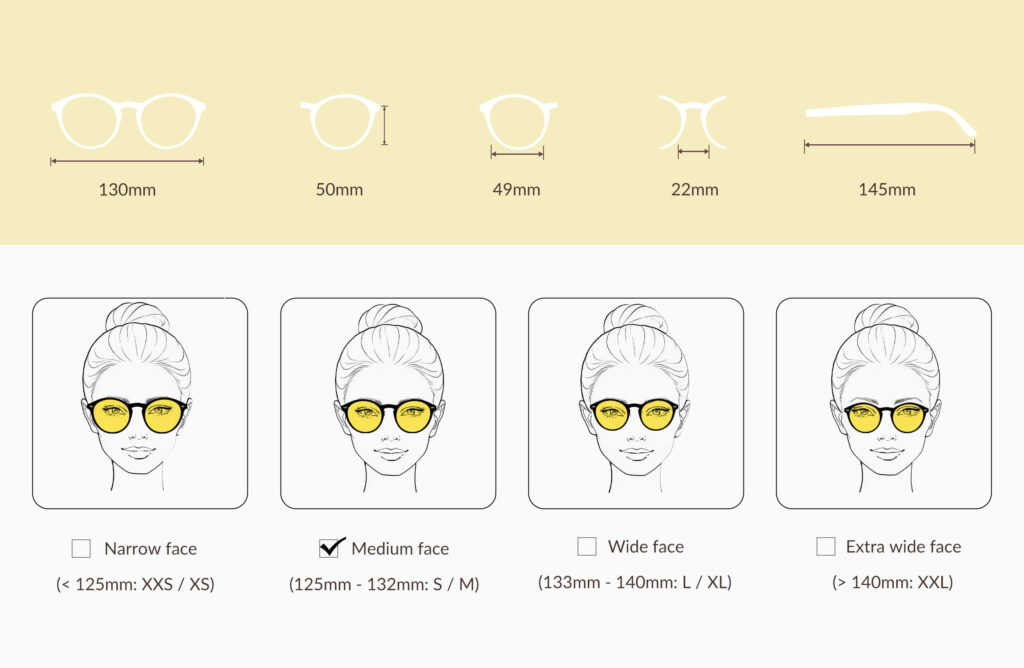 glasses-size-chart-of-158h-Sun Boost Round Yellow Screen Glasses – Black