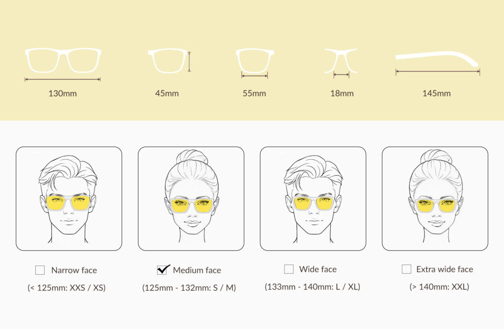 glasses-size-chart-of-168c-Sun Boost Wayfarer Yellow Screen Glasses – Clear