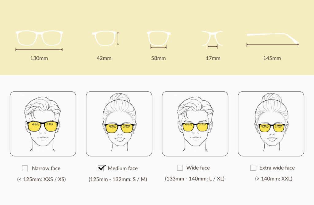 glasses-size-chart-of-3067-Sun Boost Rectangle Yellow Screen Glasses – Black