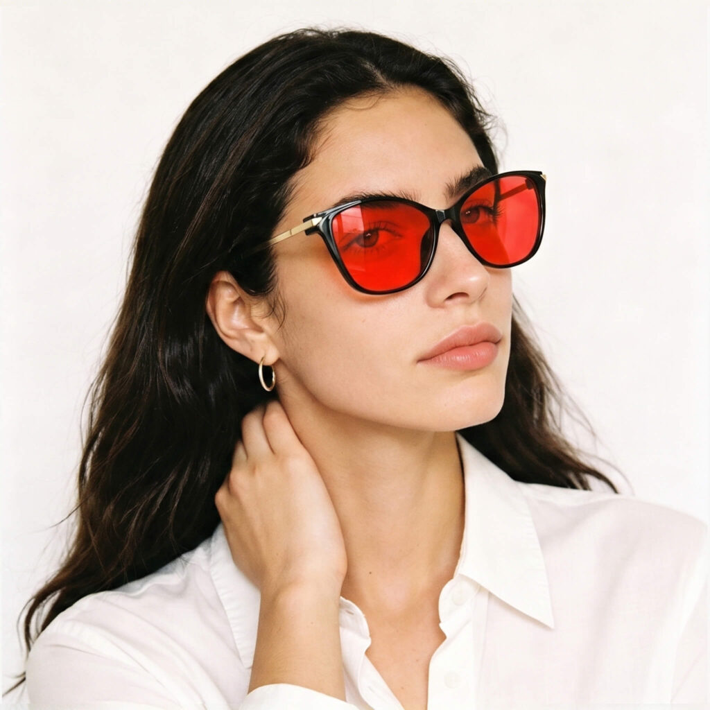 0179-Female model featuring Gloojo Night Ease red-lens glasses for optimal nighttime repair