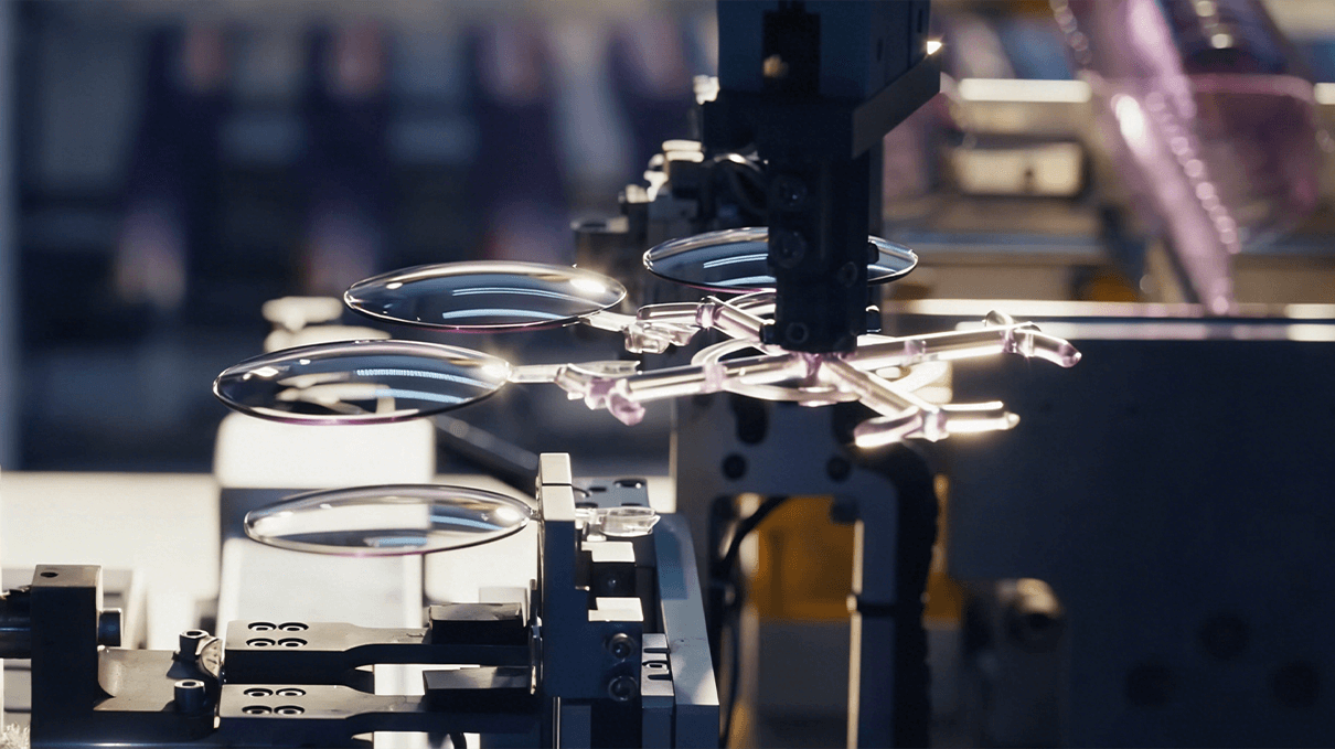 1-1-Automated precision machinery assembling Gloojo blue light filtering lenses in the factory