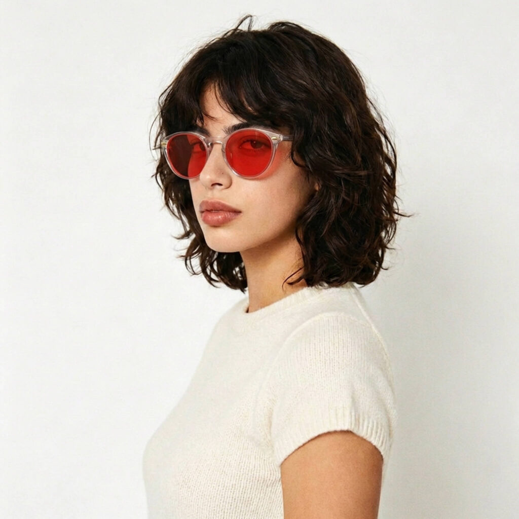 158-Female model in Gloojo Night Ease red-tinted sleep eyewear