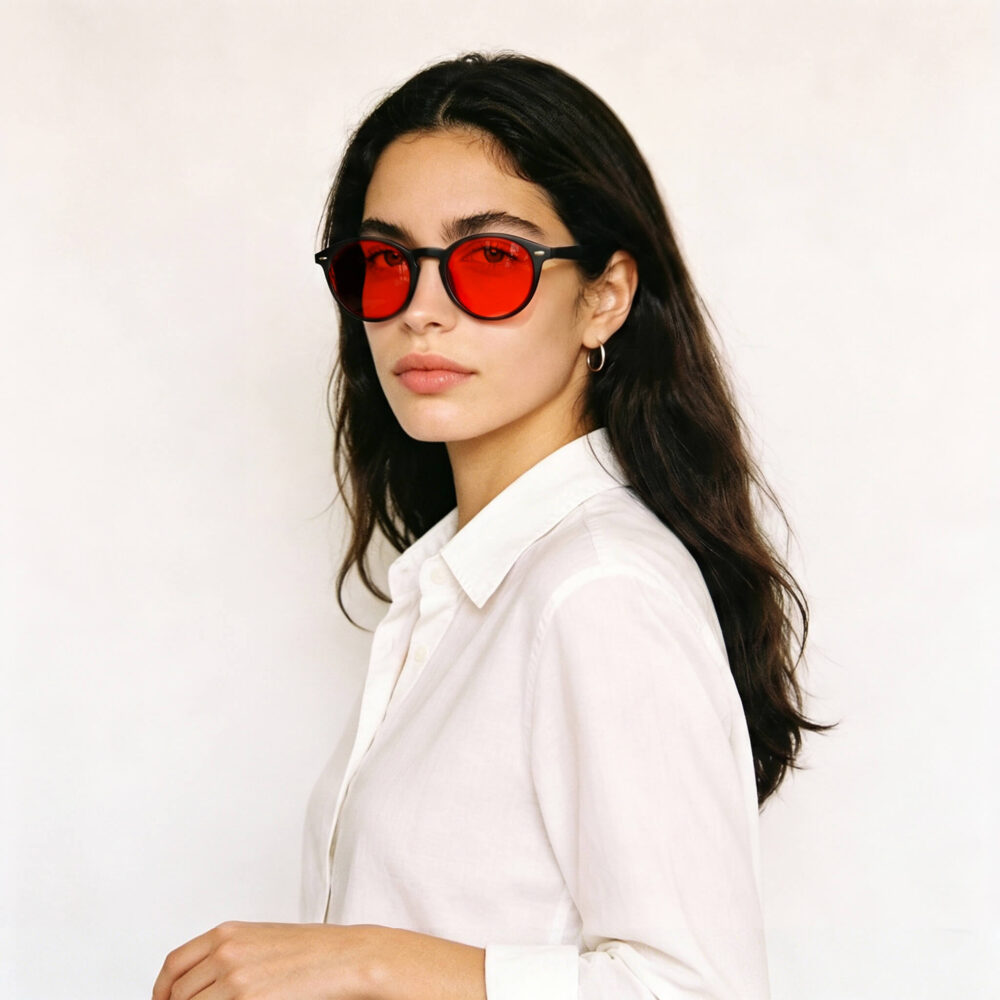 158-Female model showcasing Gloojo Night Ease red lenses to defend her recovery