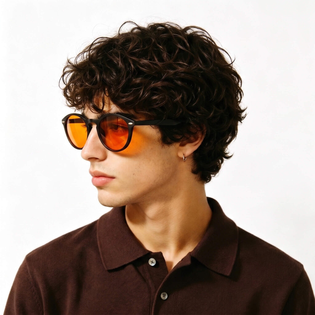 158-Male model showcasing Gloojo Night Ease orange-lens glasses for optimal sleep recovery