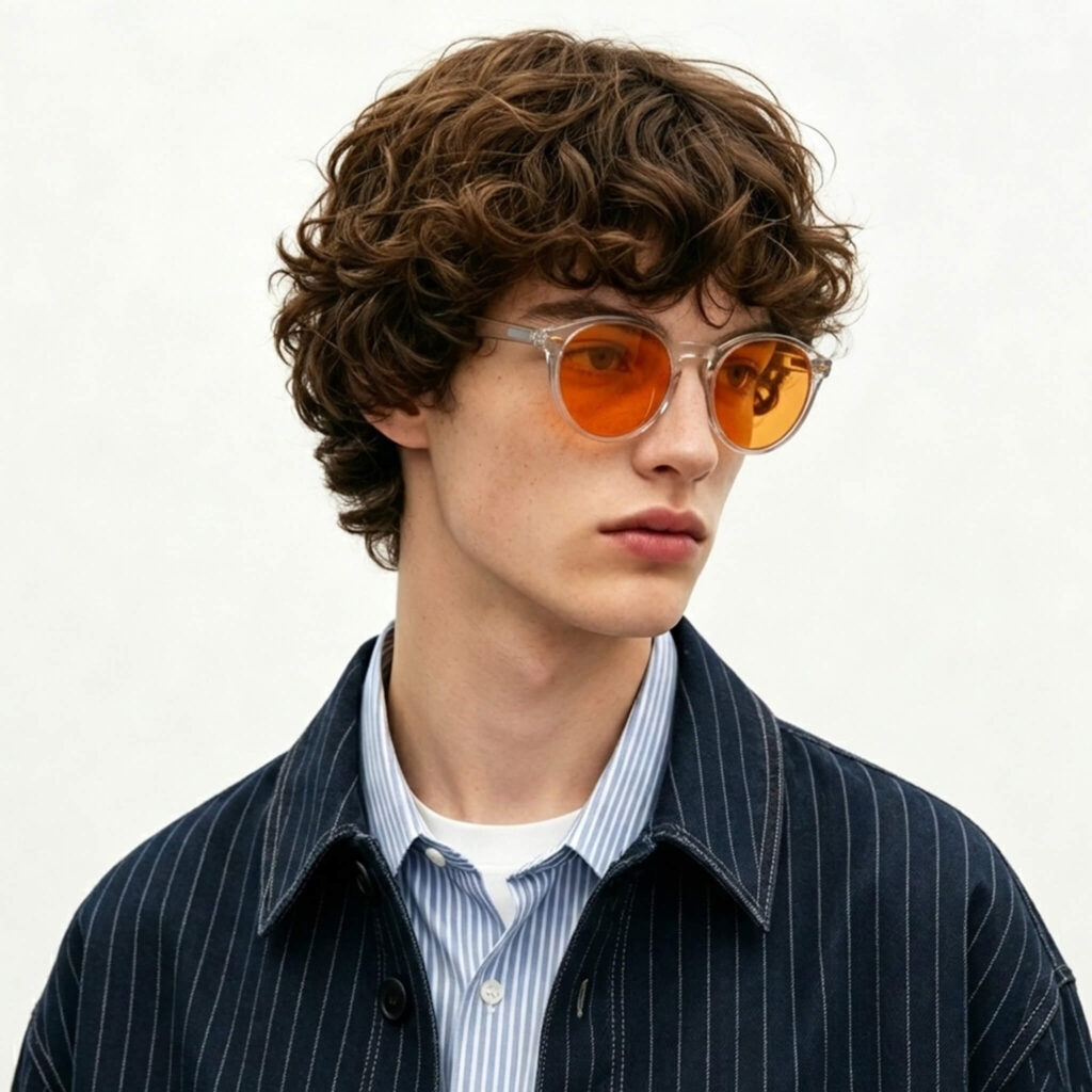 158-Male model showcasing Gloojo Night Ease orange lenses in a crystal frame