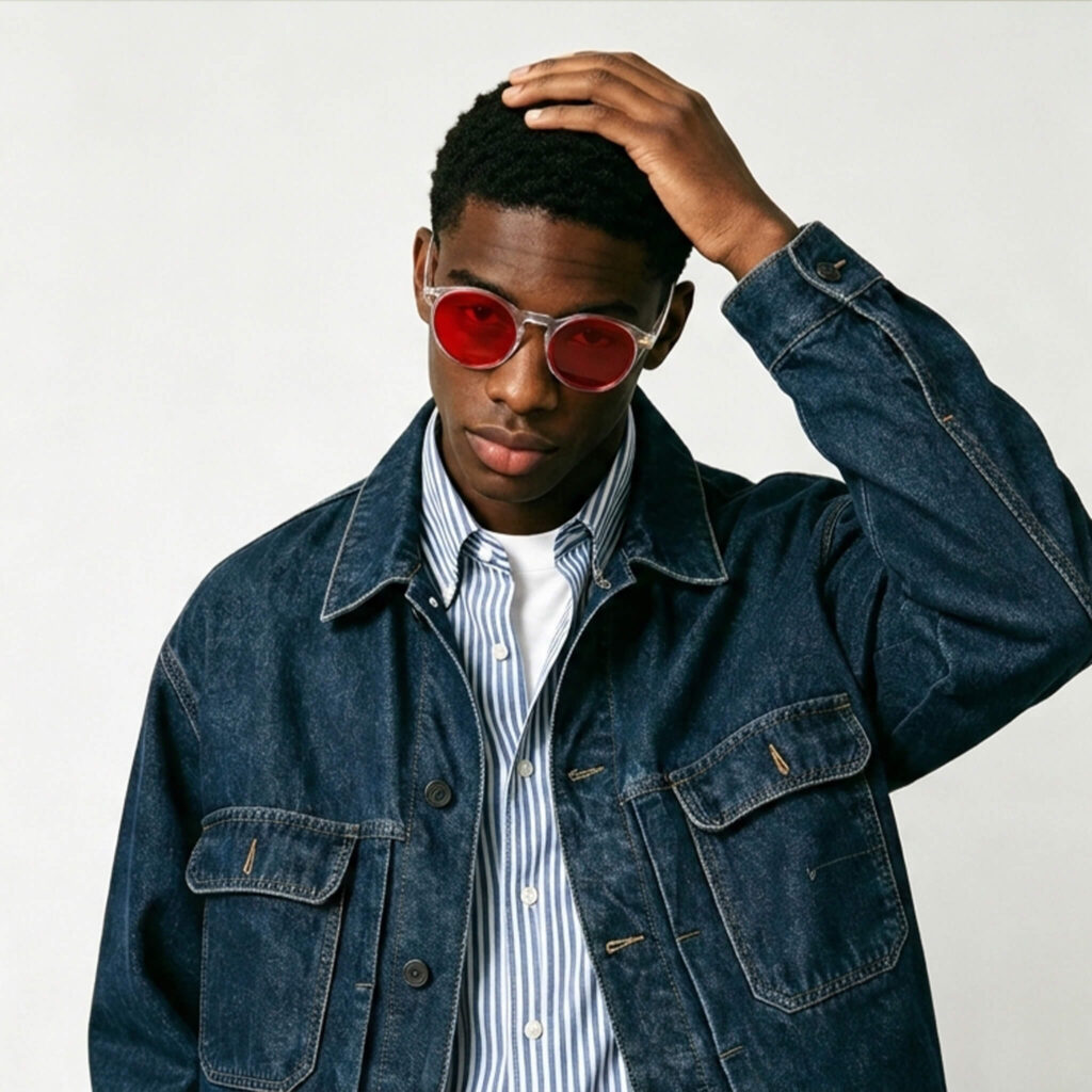 158-Male model showcasing Gloojo Night Ease red-lens sleep recovery eyewear