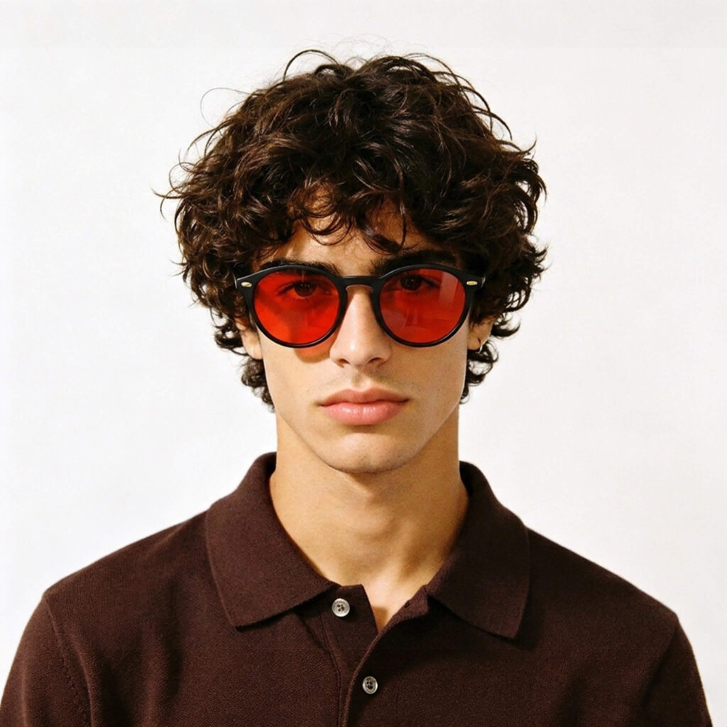 158-Male model wearing Gloojo Night Ease sleep glasses with red lenses