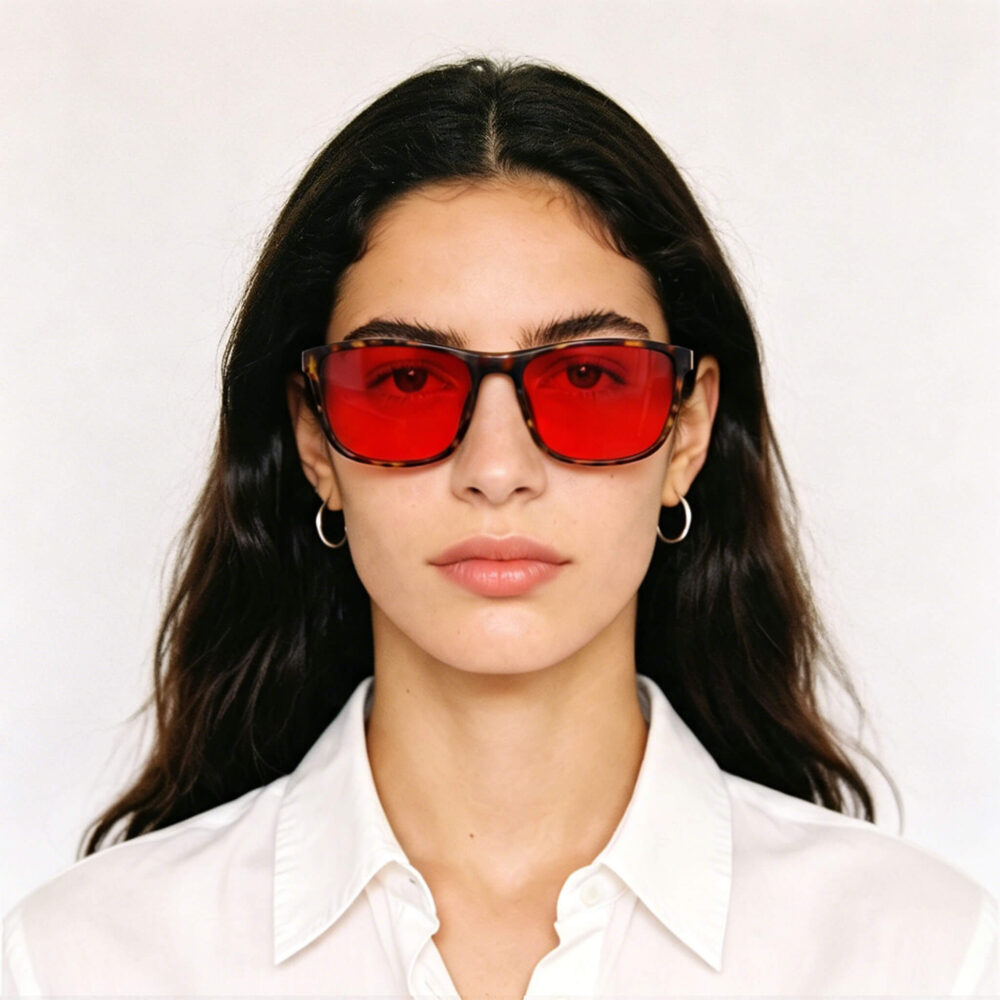 168-Front view of model in Gloojo Night Ease red-lens glasses