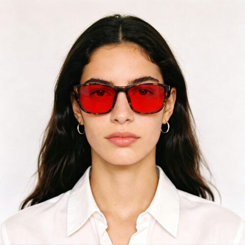 168-Front view of model in Gloojo Night Ease red-lens glasses