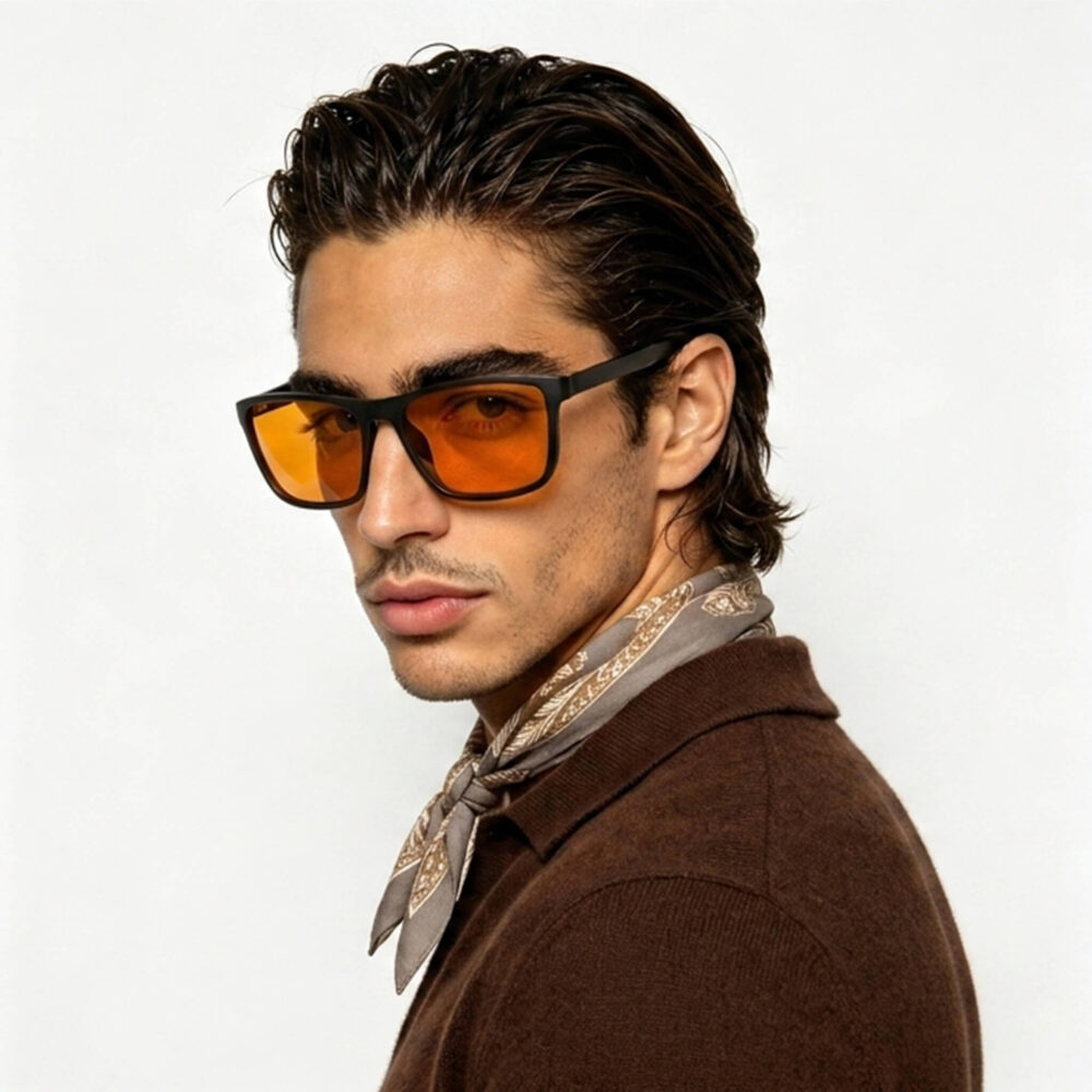 168-Male model featuring Gloojo Night Ease orange lenses for circadian rhythm protection