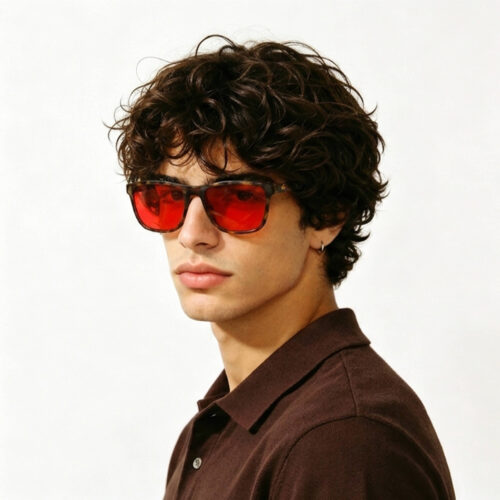 168-Male model featuring Gloojo Night Ease red-lens sleep glasses