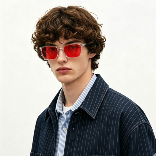 168-Male model wearing Gloojo Night Ease red-lens glasses for peak recovery performance