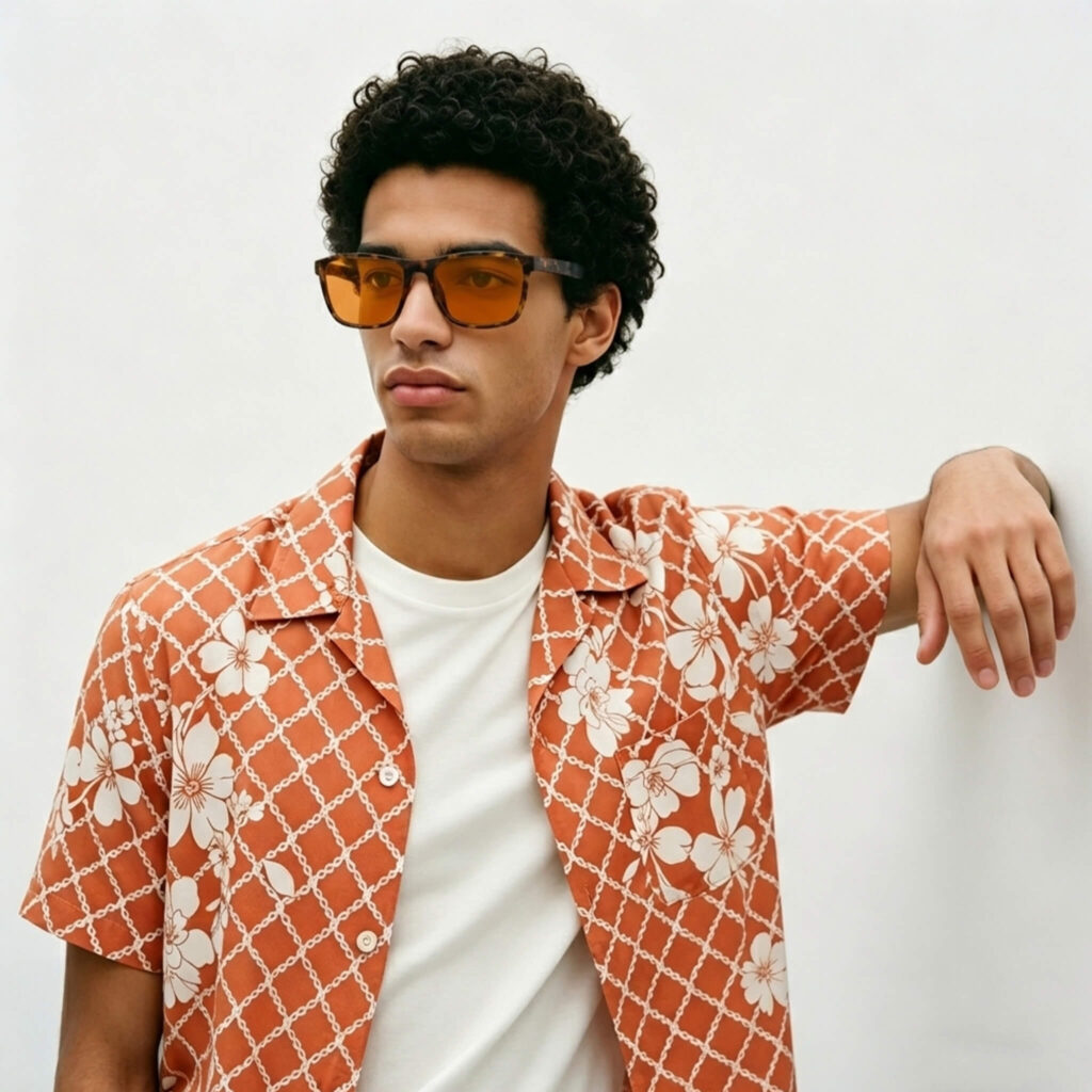 168-Side profile of model showcasing Gloojo Night Ease orange-lens glasses