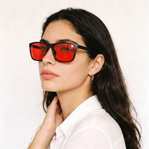 168-Side profile of model showcasing Gloojo Night Ease red lenses for peak recovery performance